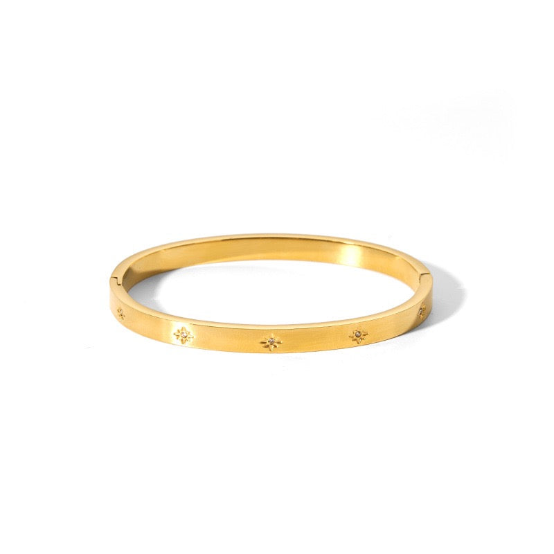 Ins Style Hexagram Star Charm Bangle Bracelet for Women, 18K Gold Plated Stainless Steel with Zircon