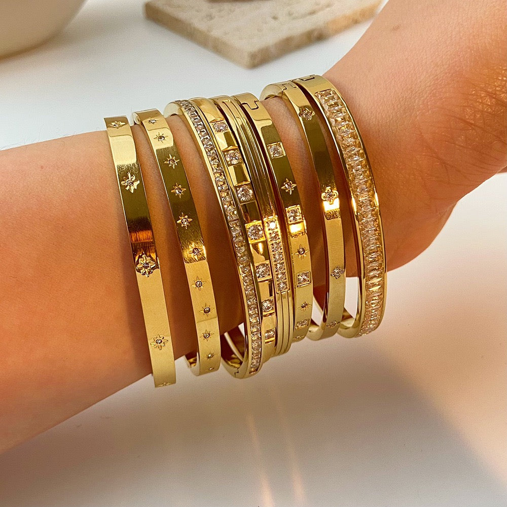 Ins Style Hexagram Star Charm Bangle Bracelet for Women, 18K Gold Plated Stainless Steel with Zircon
