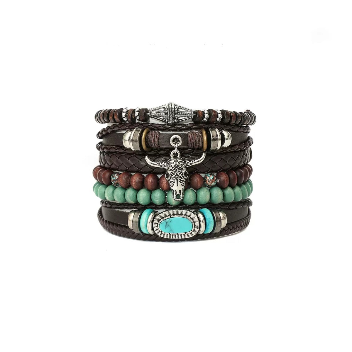 Braided Leather Bracelet for Men - Western Bull Skull & Feather Charm, Boho Outdoor Tribal Handmade Gift