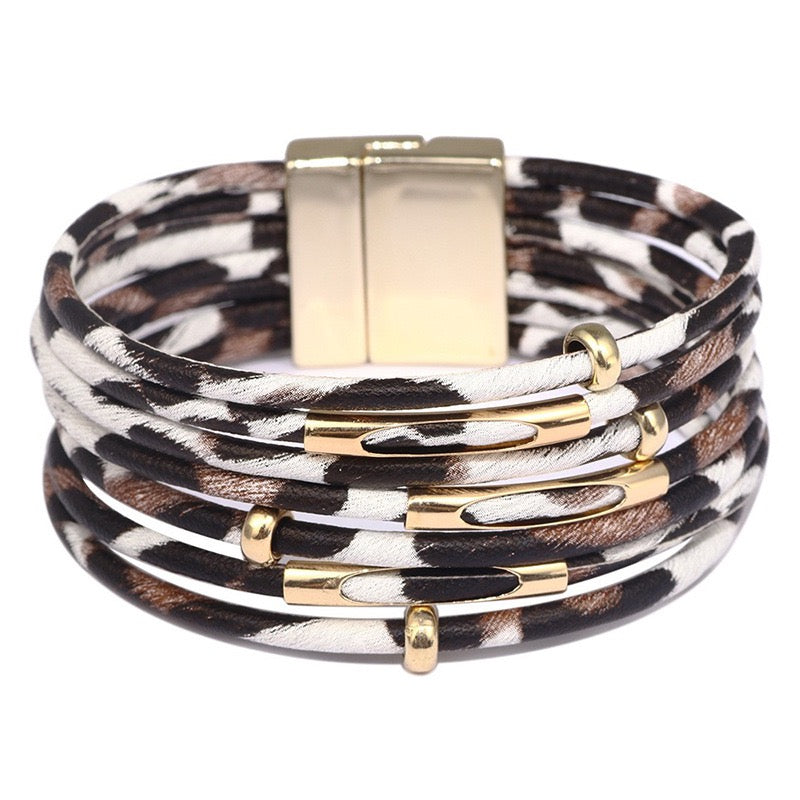 Boho Cross Charm Bracelet with Magnetic Clasp | Genuine Leather Cuff Bracelet for Women with Micro Pavé Zirconia