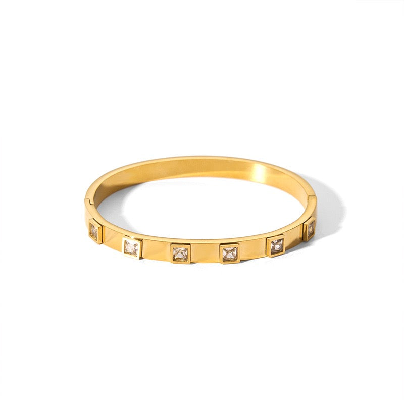 Ins Style Hexagram Star Charm Bangle Bracelet for Women, 18K Gold Plated Stainless Steel with Zircon