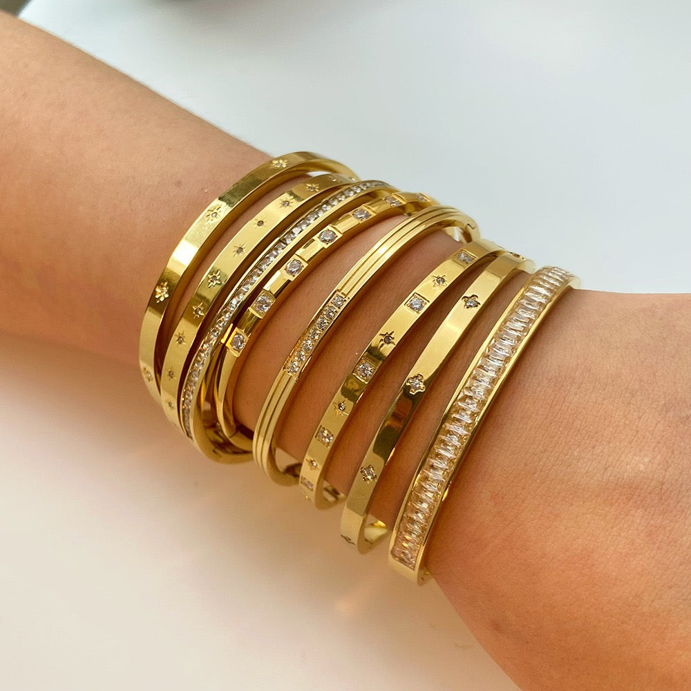 Ins Style Hexagram Star Charm Bangle Bracelet for Women, 18K Gold Plated Stainless Steel with Zircon