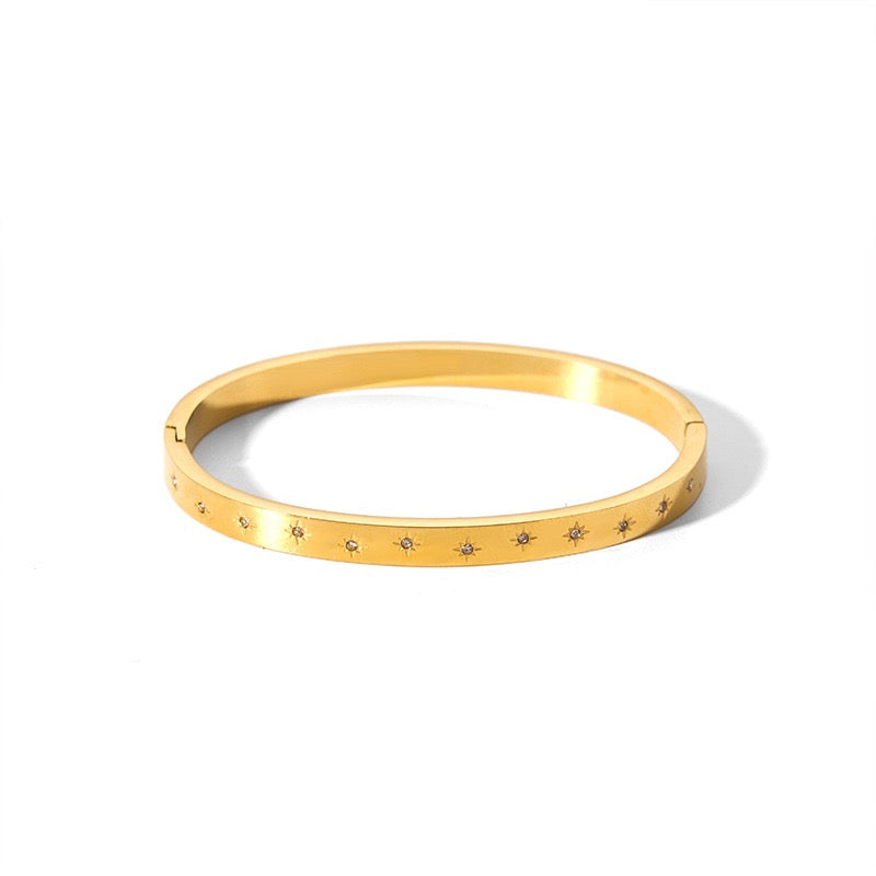 Ins Style Hexagram Star Charm Bangle Bracelet for Women, 18K Gold Plated Stainless Steel with Zircon
