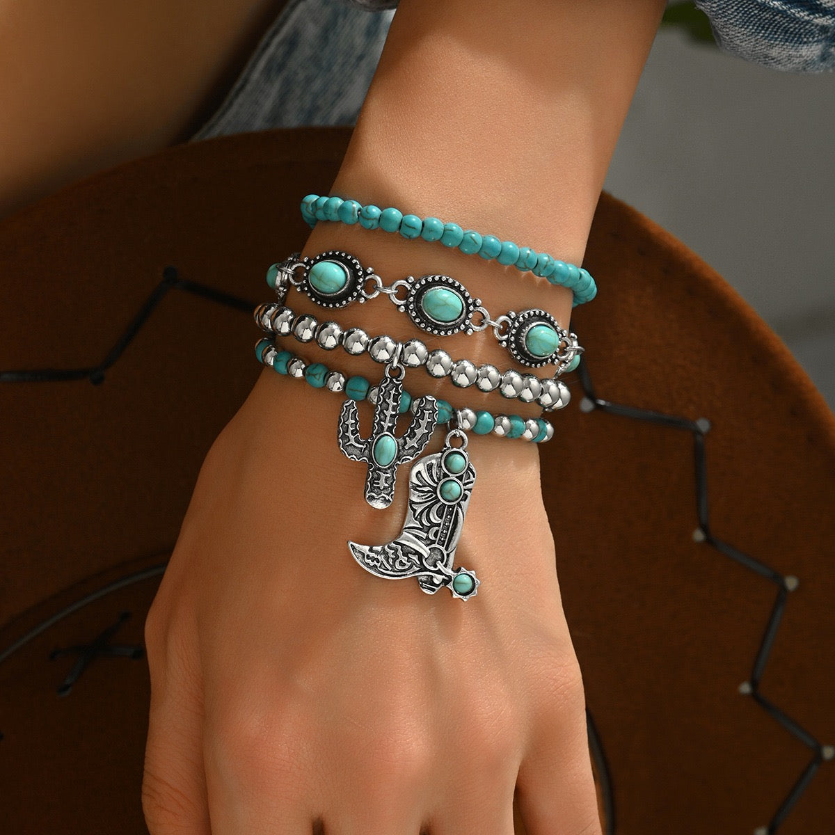 Western Legend Collection | 5-Piece Set with Engraved Cowboy Hat & Turquoise Bracelet