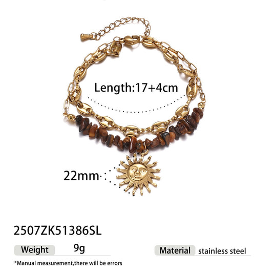 Tayna | Minimalist Stainless Steel Charm Bracelet with Clover & Sun Cuban Link