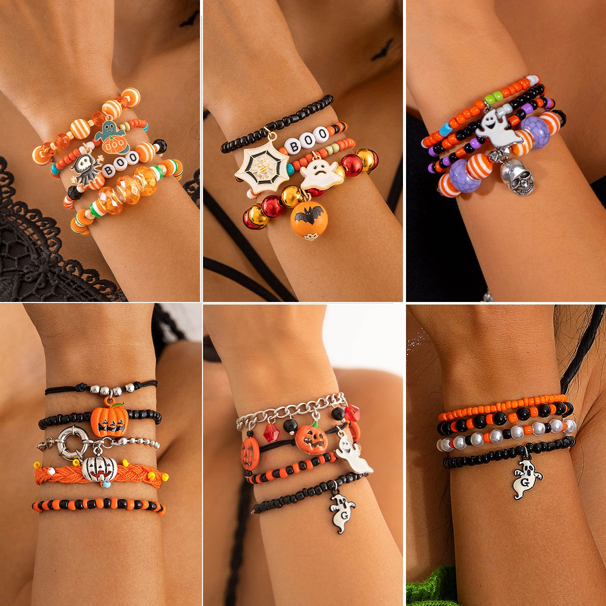 Halloween Bracelet Set for Women - Skull Beaded Bracelet with Evil Eye & Dripping Oil Bat Charm Gothic Jewelry for Halloween Party