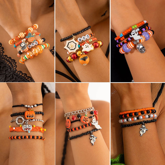 Halloween Bracelet Set for Women - Skull Beaded Bracelet with Evil Eye & Dripping Oil Bat Charm Gothic Jewelry for Halloween Party