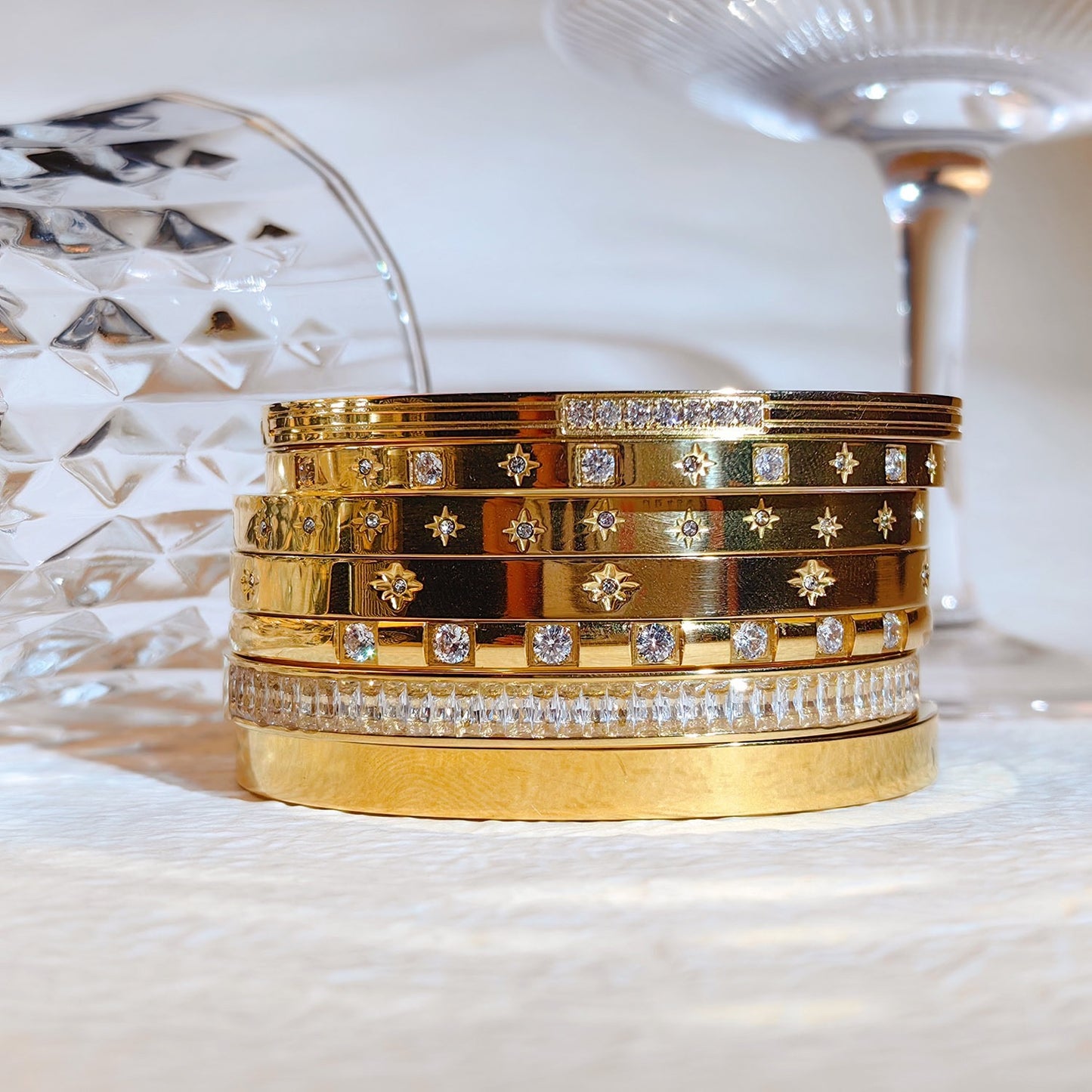 Ins Style Hexagram Star Charm Bangle Bracelet for Women, 18K Gold Plated Stainless Steel with Zircon